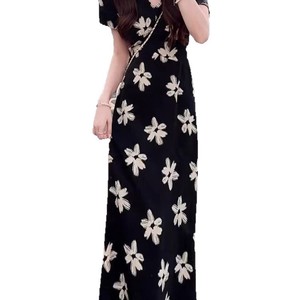 French Style Floral Black Dress V Neck Short Sleeve A Line Long Skirt For Beach Vacation Summer Casual Wear - Product Image 5
