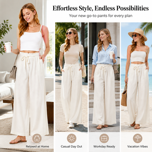 <span class=keywords><strong>Pantaloni</strong></span> Larghi da <span class=keywords><strong>Donna</strong></span> in Lino a Vita Alta <span class=keywords><strong>con</strong></span> Coulisse <span class=keywords><strong>Elastico</strong></span>, <span class=keywords><strong>Pantaloni</strong></span> Palazzo Casual Morbidi Tinta Unita Estivi - Product Image 3