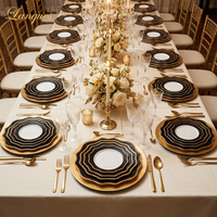 Ensemble d'assiettes à dîner en céramique noires de luxe avec bordure dorée pour mariage, hôtel, restaurant occidental, décoration de table à domicile, vente en gros