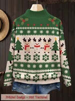 Pull en tricot à col roulé pour femme, imprimé Noël, manches longues, motif renne, vert