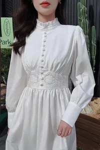 Abito da donna di alta qualità 2024 abiti primavera estate da donna lussuoso ricamo tunica con bottone manica lunga abito bianco rosa rossa - Product Image 2