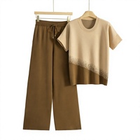 Ensemble 2 pièces en viscose tricotée pour femmes, tenue quotidienne, couleur contrastée, patchwork, manches courtes, pantalon long, tenue d'été