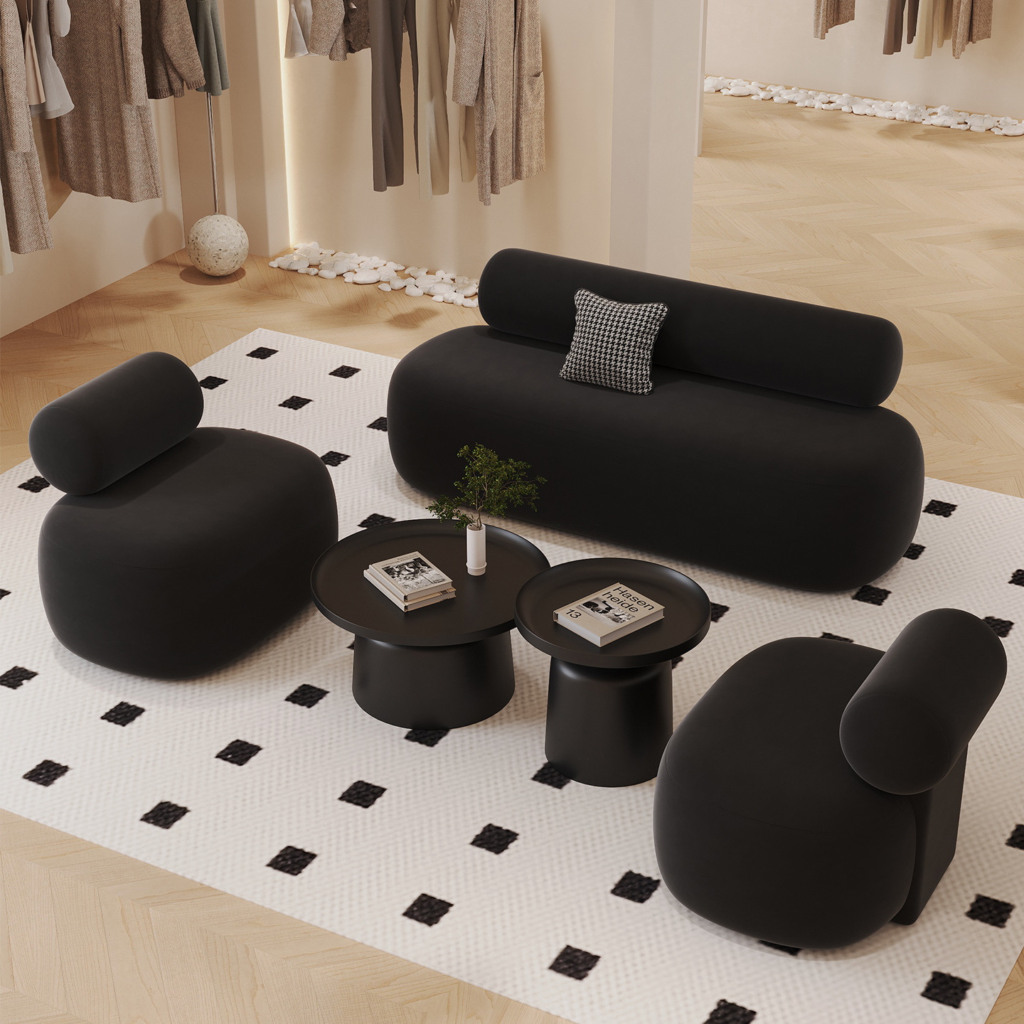 Three-person single x2 combination tea table-flannel-black