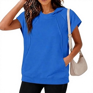 Sudadera con capucha de manga corta para mujer, top informal de punto de algodón de color liso con bolsillos, azul - Product Image 1