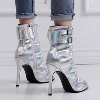 Bottes pour femmes 2026, nouvelles chaussures de danse latine en cuir verni argenté, grandes tailles 34-46, talons très hauts, salsa, à lacets