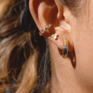 <b>Huggie</b> Earrings Gold <b>Silver</b> Color Block White Rhinestone Stainless Steel Everyday Wear Geometric Design - Product Image 2