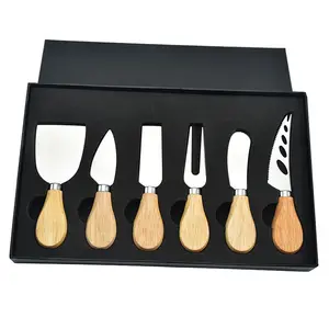 Paslanmaz çelik akasya ahşap kolu peynir bıçağı 6-piece set peynir tereyağı bıçağı pişirme araçları hediye kutusu toptan