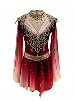 Robe de patinage artistique vintage dégradé rouge bordeaux, col montant, broderie dorée, strass, manches évasées, costume pour adultes et enfants