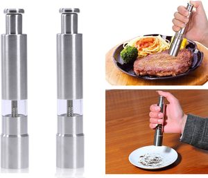 Mini Silver Stainless-Steel One-Handed Thumb Push Button Manual Spice Mill Salt and Pepper Grinder Set with <b>Stand</b> for <b>BBQ</b> - Product Image 2
