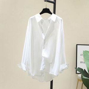 Summer Korean Version <b>Women's</b> Draped <b>Long</b> <b>Sleeve</b> <b>White</b> Soft Shirt Versatile Loose Casual Thin Woven Button Simple - Product Image 1