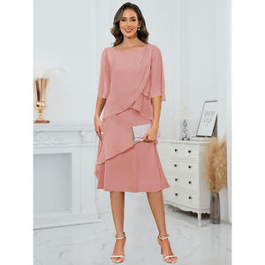 Bolodoo 2025 chiffon רשמי שמלה רשמית מזדמנים שמלת כלה באורך תה אמא כלה שרוולים קצרים ruffles מותן טבעי עבור פנאי פנאי - Product Image 3