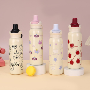 Bouteille d'eau en acier inoxydable avec impression de dessin animé, isolée 304, avec poignée, portable pour les voyages, pour tous les âges - Product Image 1