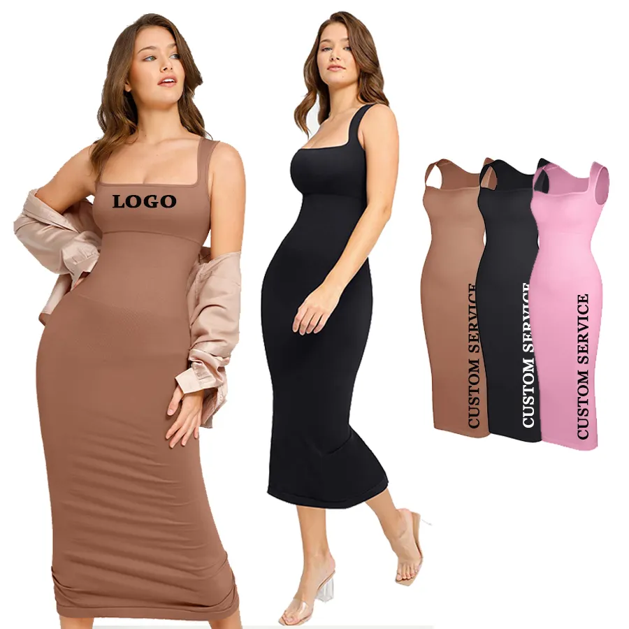 2024 Thiết Kế Mới Tummy Kiểm Soát Được Xây Dựng Trong Shapewear Dài Bodycon Dress Phụ Nữ Giản Dị Dài Tay Áo Ăn Mặc