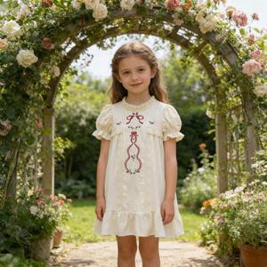 Ropa Infantil Personalizada, Vestido de Niña con Mangas Abullonadas Bordadas en Algodón y Ribete de Encaje, Fabricante OEM ODM de Marca Privada para Boutiques - Product Image 2