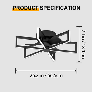 Ventilateur de plafond géométrique noir à 6 lumières avec éclairage, profil bas, LED, télécommande et contrôle par application pour chambre et salon - Product Image 3