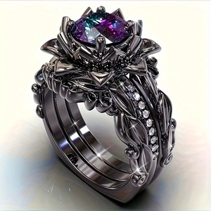 Elegante Juego <span class=keywords><strong>de</strong></span> 3 Anillos <span class=keywords><strong>de</strong></span> Loto Negro con Circonita Cúbica Arcoíris - Perfecto para Compromiso, Aniversario y Fiestas - Product Image 1
