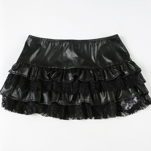 Mini-jupe en cuir PU noir pour femmes, design superposé à volants en dentelle, taille haute, jupe sexy de style gothique pour les soirées - Product Image 6