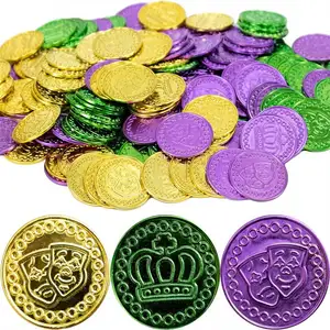 Moedas de plástico para desfile de mardi gras YYPD, moedas metálicas sortidas douradas, verdes e roxas, moedas em massa para lembrancinhas de festas