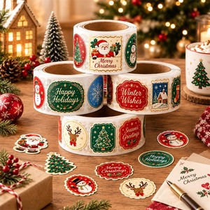 Rollo de Pegatinas Navideñas Personalizadas, Vinilo Kiss Cut, Santa Claus, Muñeco de Nieve, Reno, Dorado Metálico, Feliz Navidad, para Envolver Regalos - Product Image 5