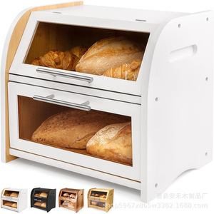 Double Layer Wooden Bread Box With Glass Door For Kitchen Storage Acacia Wood Color Black White Customizable Logo - Product Image 2