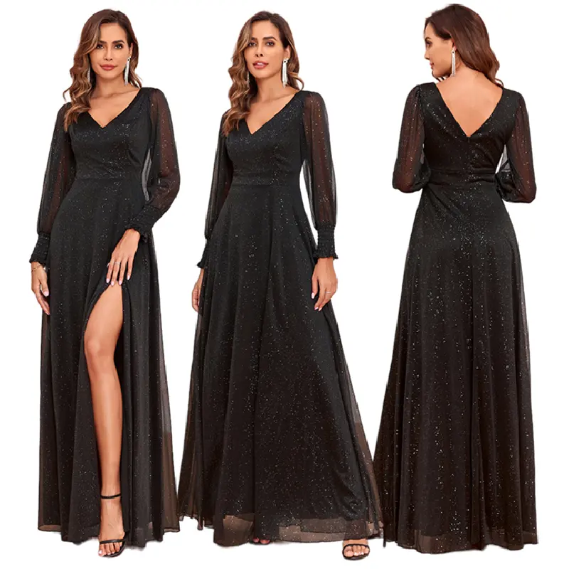 TW00072 Trendy Luxury Evening Dresses Tulle Long Sleeve V-neck Split A-line Lined prom dresses Shiny Black Bridesmaid Dresses