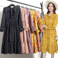 Robe noire coréenne à pois pour le bureau, robe vintage pour femmes, robe mi-longue à fleurs à manches longues pour le printemps 2021