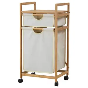Environmental Protection Double Bamboo Laundry Hamper Dirty Clothes Basket with 2 Drawer Type Laundry Basket with Wheels