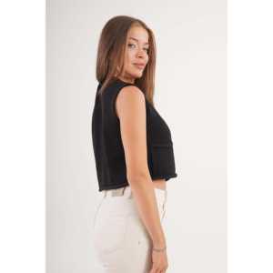 Chaleco Negro de Punto para Mujer, Sin Mangas, con Botones Dorados, Bolsillos Dobles, Prenda Exterior, 100% Acrílico, Tejido de Lana - Product Image 5