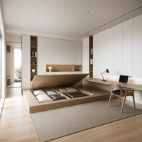 Lit plateforme tatami fonctionnel Bauhaus sur mesure avec armoire de rangement modulaire intégrée pour appartement moderne