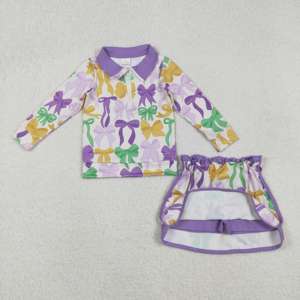 Vêtements pour enfants filles, design printanier, décontracté, vente en gros, usine de vêtements, nouvelle mode, haut à col rond avec jupe assortie, thème Mardi Gras - Product Image 1