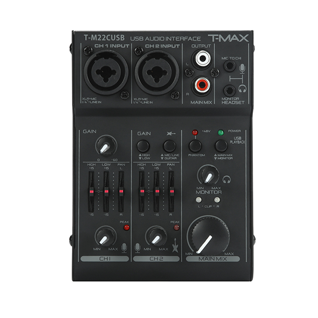 2 channel USB Interface DJ Audio Mixer Microphone Pre Amplifier 48V phantom power EQ