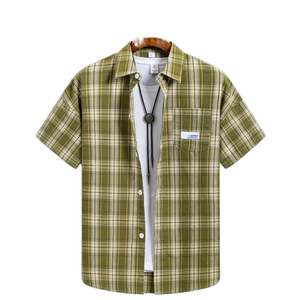 Chemises décontractées coréennes ajustées à boutonnage simple pour hommes, à carreaux, à manches courtes, respirantes, écologiques, séchage rapide, teintes en fil, pour l'été - Product Image 1