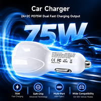 Chargeur de voiture 75W GaN Tech PD3.0 PPS à quatre ports Type-A Type-C avec OVP OTP OCP et lumière RGB pour téléphone et ordinateur portable