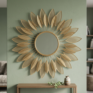 Round Brass <b>Wall</b> Mirror with Sunburst <b>Leaf</b> Design <b>Decorative</b> Framed Edge for Living Room Bedroom - Product Image 6