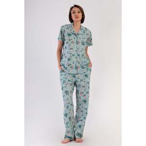 KADIN P.SUPREM XXL GOMLEK YAKA TAMAMI DUGMELI KISA KOL CEPLI PIJAMA TAKIM - เยซิล - เยซิล - Product Image 1