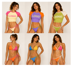 Women's 2 Piece Bikini Set Crop <b>Top</b> With Logo Thong Bottoms Solid Color Stretch Swimwear Spandex Polyester Halter Neckline - Product Image 2