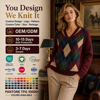 Pull en tricot personnalisé pour femme, col en V, jacquard Argyle, manches longues, style vintage preppy, vêtements en tricot pour femmes, OEM ODM