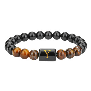 Tiger's Eye <b>Beaded</b> <b>Bracelet</b> <b>Men</b> Natural Stone Elastic Alphabet Letter E Fashion Jewelry Yiwu Origin - Product Image 5