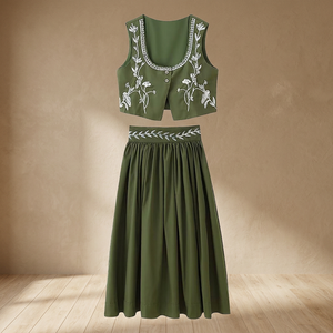Women's 2 Piece Prairie Chic <b>Set</b> Sleeveless Embroidered Vest With High Waist Full Length Skirt Floral Pattern Green Satin Dress - Product Image 4