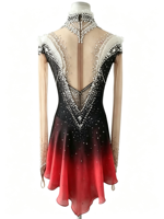 Robe de patinage artistique à col montant sans manches, dégradé noir et rouge, avec strass en maille pour enfants et adultes, pour compétitions et spectacles sur glace