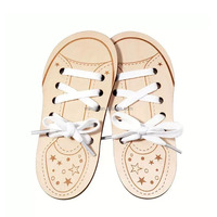 Wooden Shoe Lacing Practice Toy Engraved Educational Game for Kids to Learn Threading and Tie Shoelaces