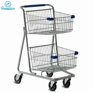 Metal supermarket double basket trolley wire plastic basket for supermarket