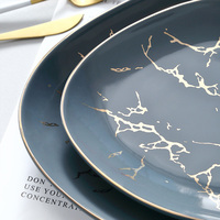 Service de table en porcelaine marbrée de luxe en stock en gros, style nordique, comprenant des bols et une assiette à dîner, bord doré, logo personnalisable