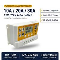 Contrôleur de charge solaire PWM pour panneau 100W 10A 20A 30A 12V 24V, double sortie de charge, affichage LCD V% AH, double USB, protection complète