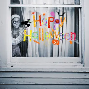 Yiyao Happy Halloween Halloween biểu ngữ đầy màu sắc đề can dán tường Nhãn dán làm đẹp kính cửa sổ phòng trẻ em