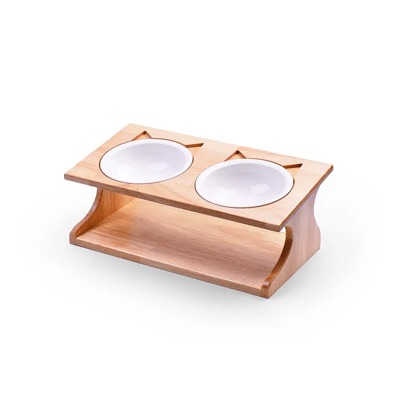 Custom Color Elevated Cat Dog Bowls with Wooden Stand with Double Ceramic Bowls Raised Feeder for Pet
