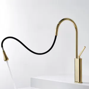 Modern Simple Single Handle Deck Mounted Gold Swan Neck Water Drop Pull Out Spray Bathroom Basin Faucet With Digital Display