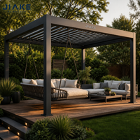 Pergola à lames orientables en aluminium avec lit de repos suspendu et espace de détente rembourré pour se prélasser dans le jardin, sur la terrasse ou dans le coin repos du jardin.