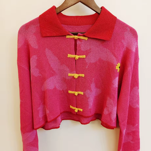 Modern Traditional Chinese Women's Square Collar <b>Viscose</b>/Nylon Breathable Button Knitwear <b>Top</b> Casual Style Front Logo Placement - Product Image 1