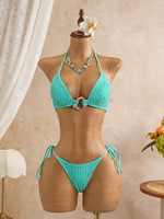 NOUVEAU STOCK Maillot de bain 3 pièces texturé pour femme, 7 couleurs, avec détails à nouer sur le devant, style brésilien, et ensemble robe et paréo transparent, tailles S-L